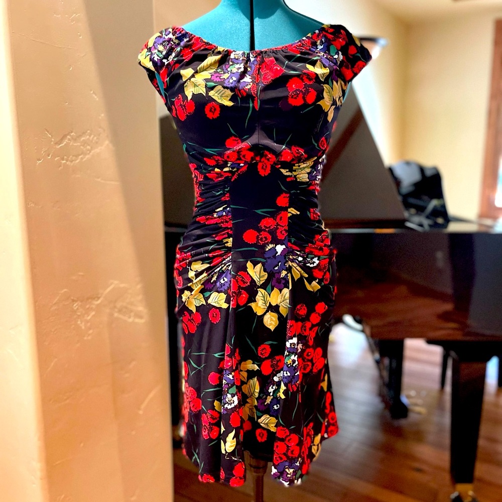 Roberto Cavalli silky floral jersey dress fit and flair formal wedding guest